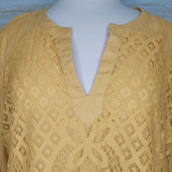 Chico's Women's Top Yellow Linen Lace Front Long Sleeve Tunic Shirt Blouse XL - Picture 5 of 14